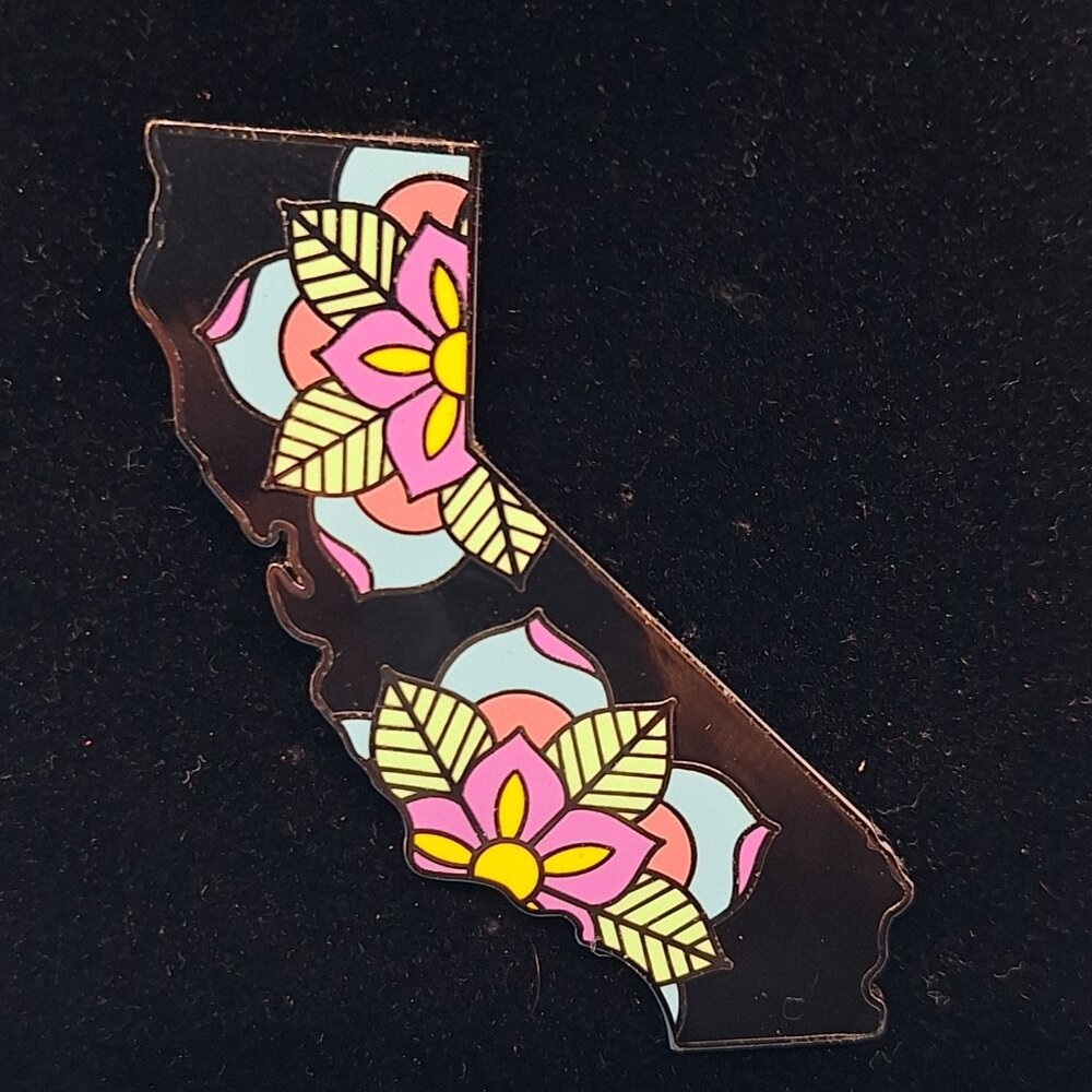 California shaped enamel pin flower design by Alex Strangler Shop Retired
